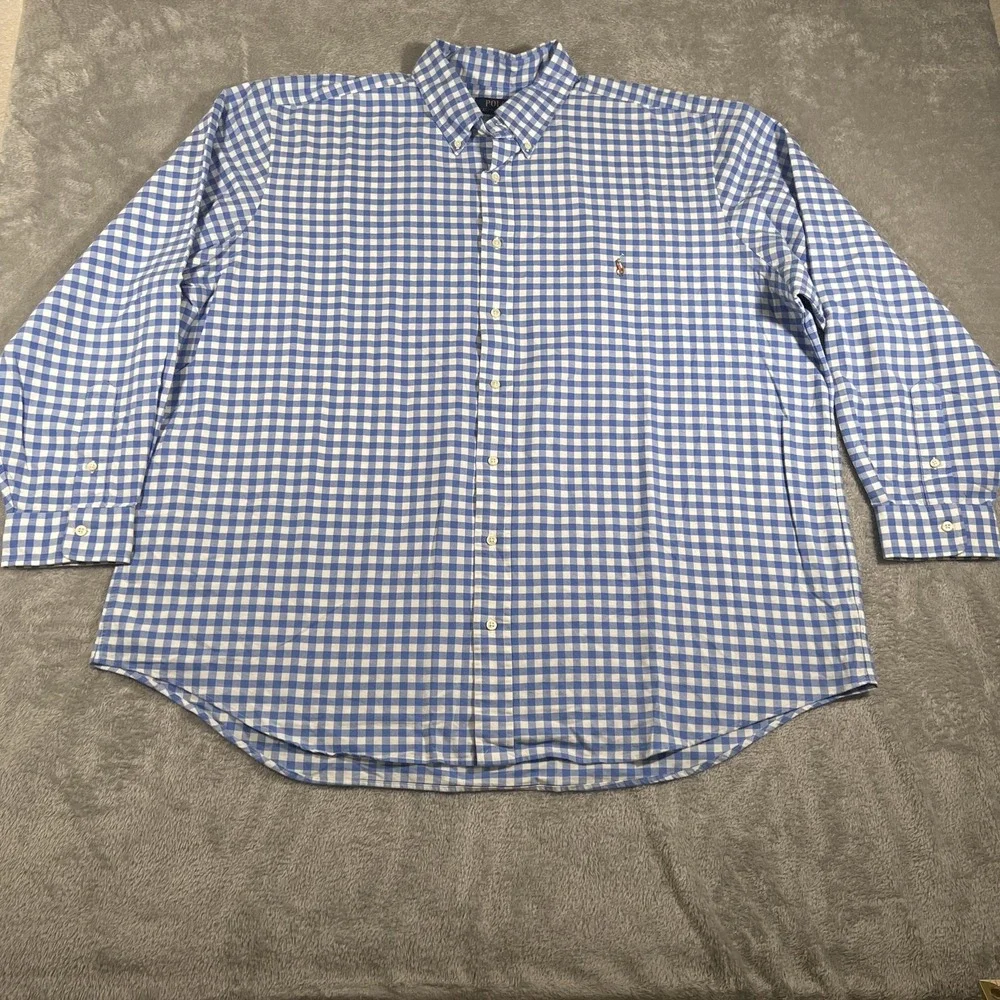 Polo Ralph Lauren Shirt Mens 2XB Blue‎ White Gingham Button Down Long Sleeve